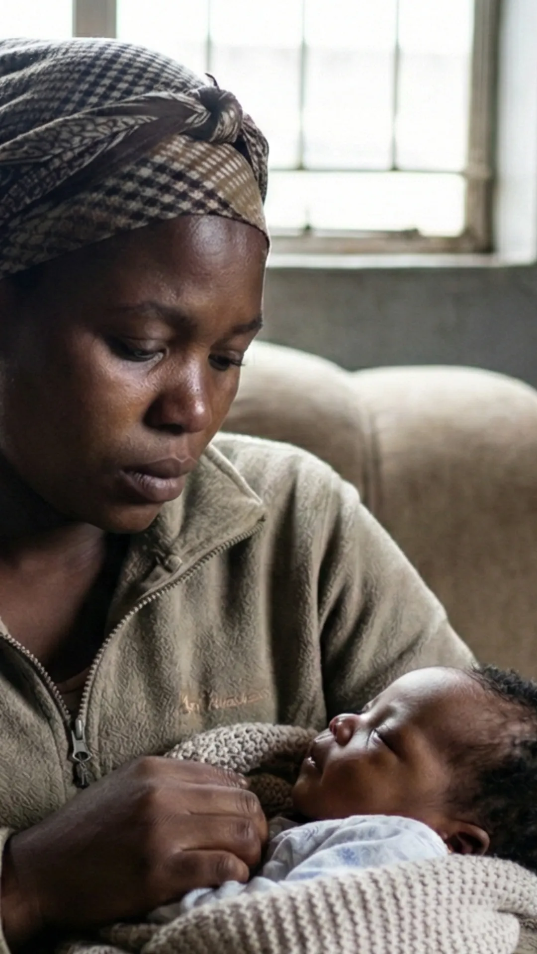 A poignant, close-up shot of a South African mother looking down at her sleeping newborn with a somber and reflective expression.