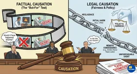 An infographic explaining factual causation (the but-for test) and legal causation (remoteness and policy) in medical law.