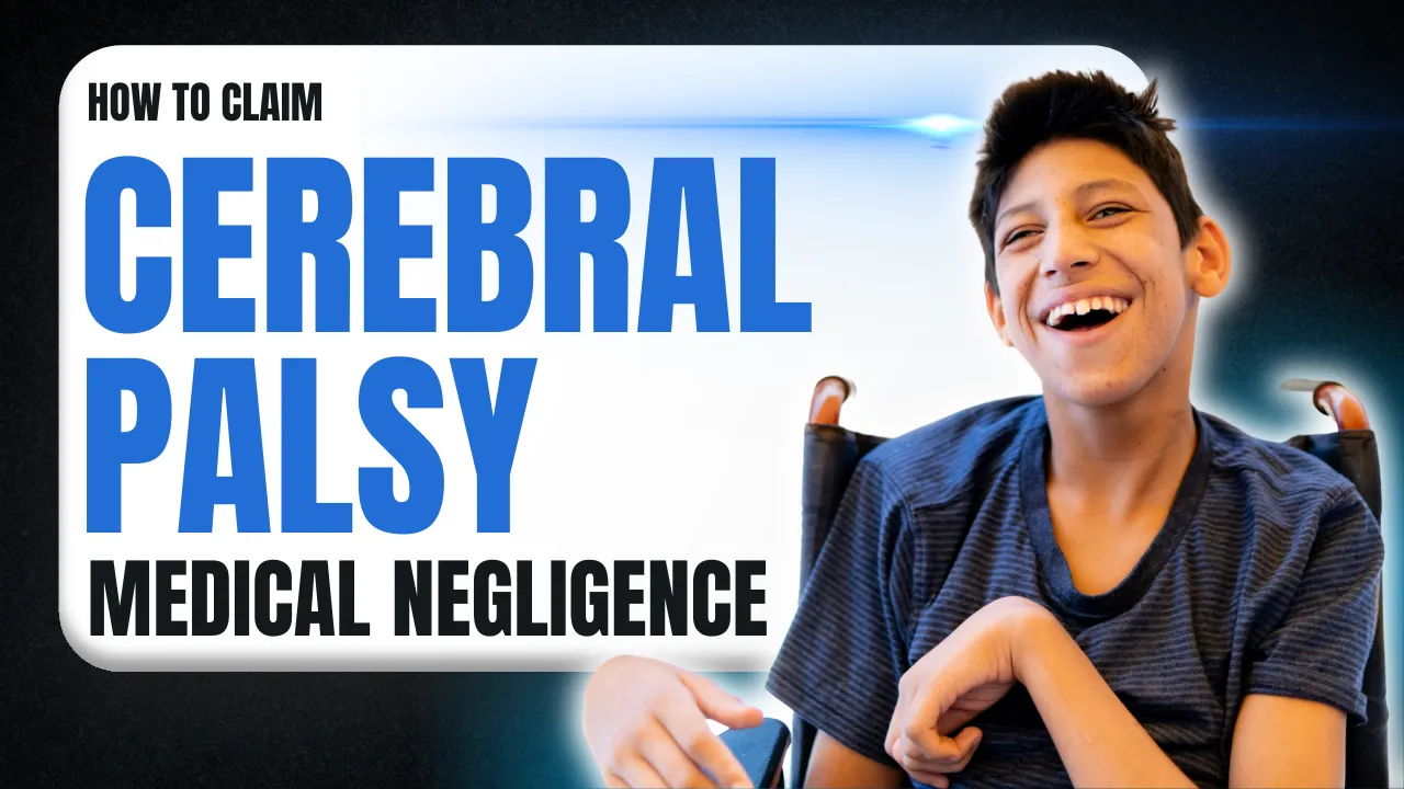 A smiling young boy in a wheelchair next to a graphic title that reads "How to Claim Cerebral Palsy Medical Negligence" against a dark background with blue light effects.