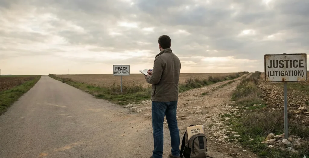 Man standing at crossroads choosing between peace and litigation in medical negligence claim