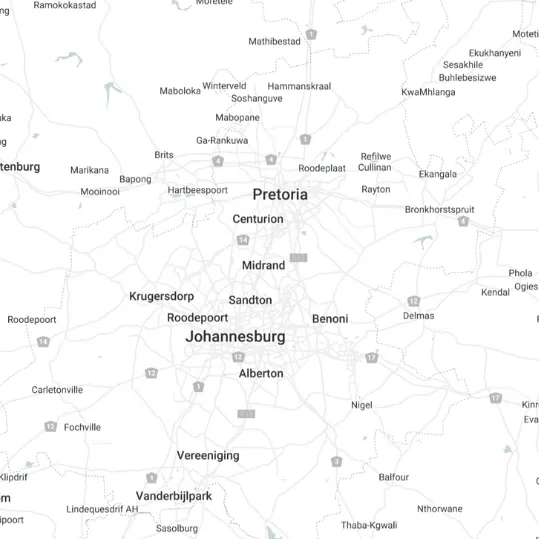 Map of Med Neg medical malpractice attorney office locations serving Johannesburg, Pretoria, and Gauteng.