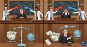 A courtroom illustration showing a judge weighing expert witness credentials against logical reasoning, representing the Linksfield Rule.
