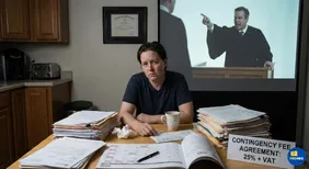 An overwhelmed woman sitting at a kitchen table surrounded by stacks of legal files and a 25 percent contingency fee agreement sign.