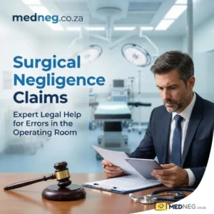 Surgical negligence claims South Africa – lawyer reviewing medical files in operating room setting.