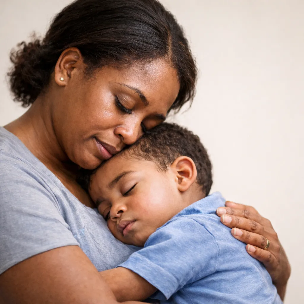 A South African mother, Thandiwe Cele, holding her young son who suffered a birth injury due to hospital negligence.