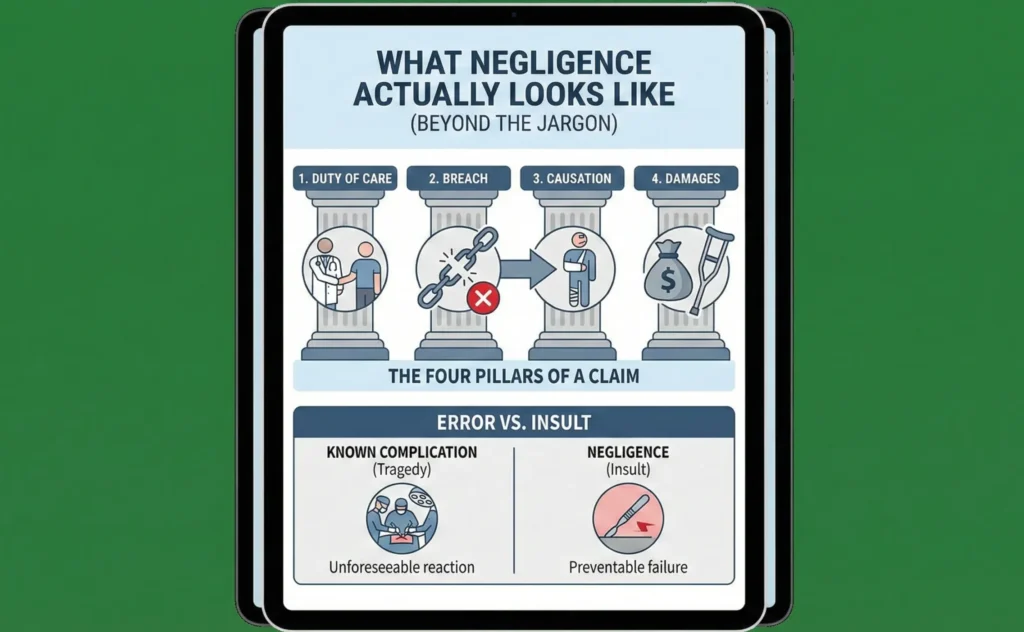 Diagram explaining duty of care, breach, causation, and damages in South African medical negligence claims