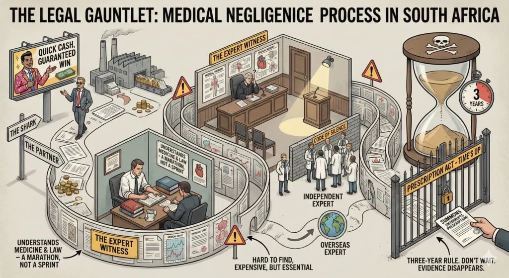 Illustration showing the complex legal process of a medical negligence claim in South Africa including experts and prescription rules