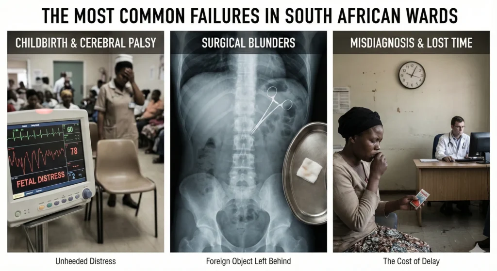 Examples of medical negligence in South African hospitals including birth injuries, surgical errors, and misdiagnosis