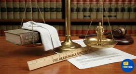 A ruler labeled "The Reasonable Doctor Test" sits in front of scales of justice weighing "Average Competence" against a doctor's actions.