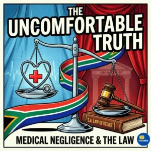 A balance scale with a heart and stethoscope on one side and a gavel and law book on the other, against a backdrop of the South African flag and a High Court building, symbolizing the challenging legal process of medical negligence cases in South Africa.
