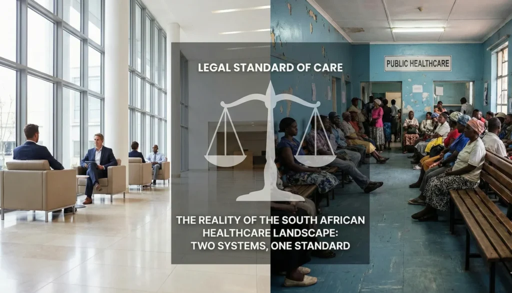 Private hospital waiting area contrasted with overcrowded South African public clinic illustrating equal legal standard of care Title