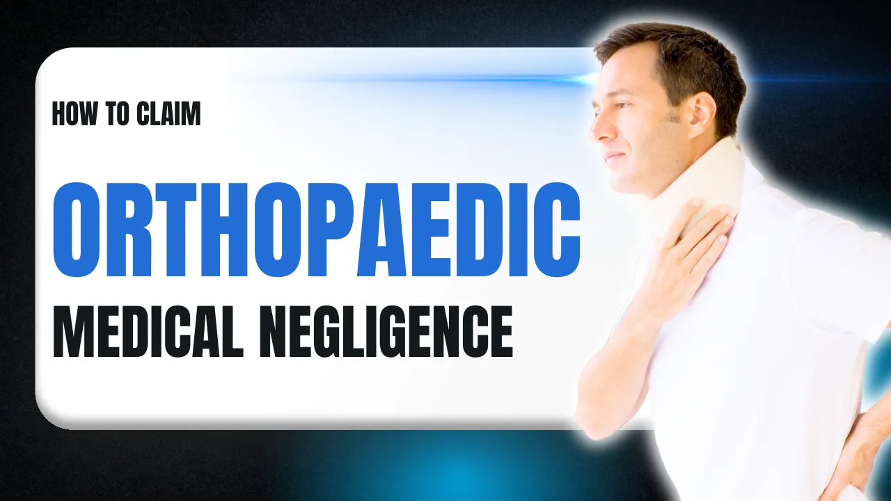 Video thumbnail: how to claim orthopaedic medical negligence, showing a person with neck pain and headline text.