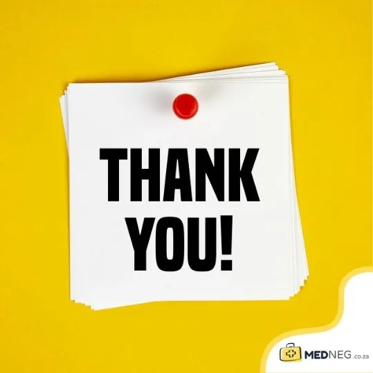 Thank You confirmation note on a yellow background with the medneg.co.za logo.