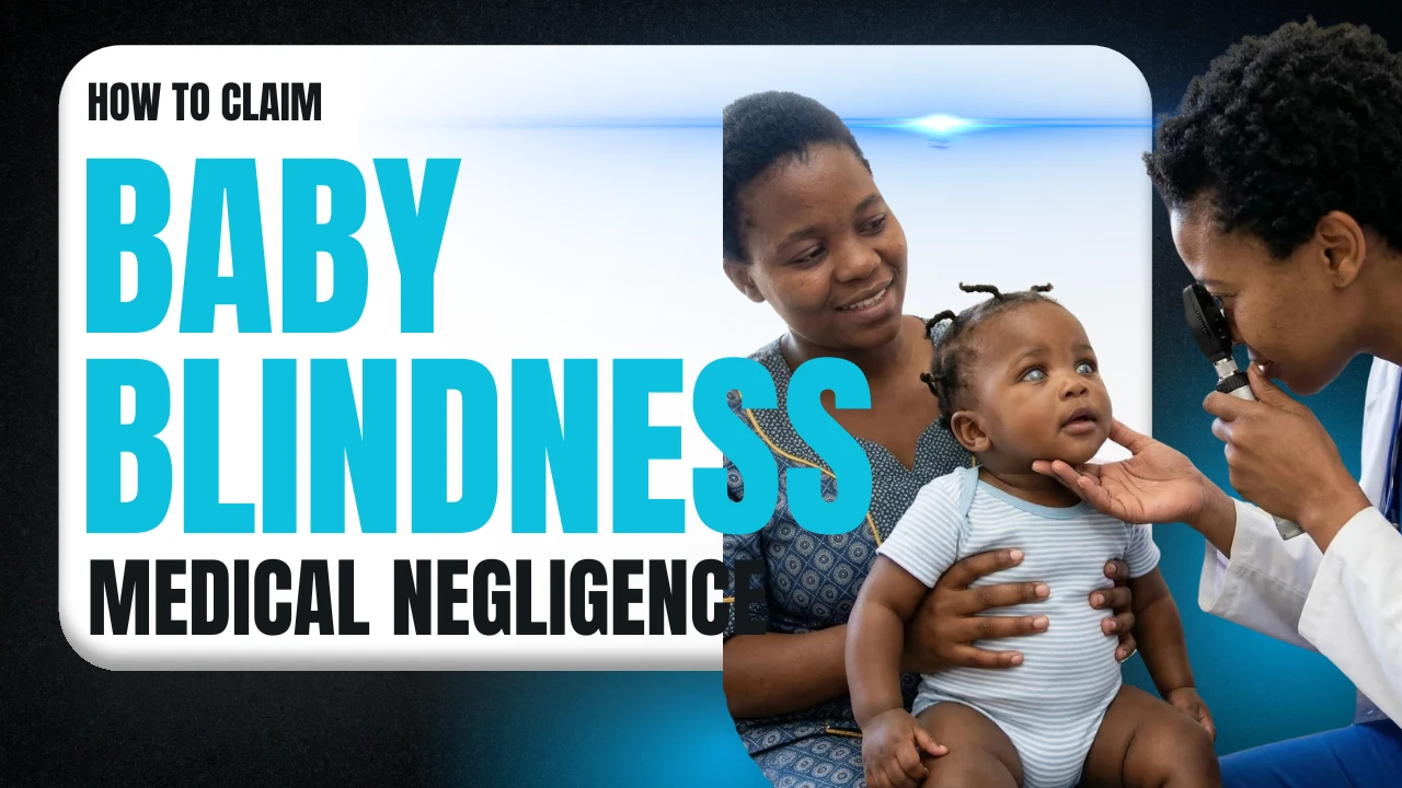 Video thumbnail titled "How to Claim Baby Blindness Medical Negligence" featuring a South African mother and child during an eye exam.