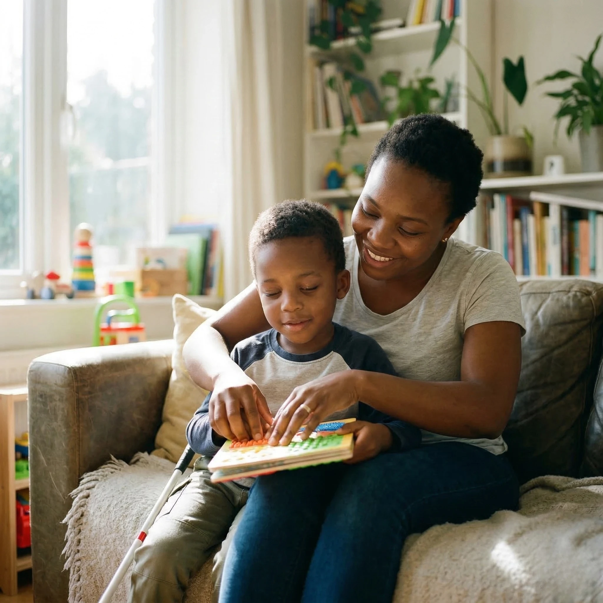 A mother smiling while helping her blind young son use a tactile Braite learning tool.