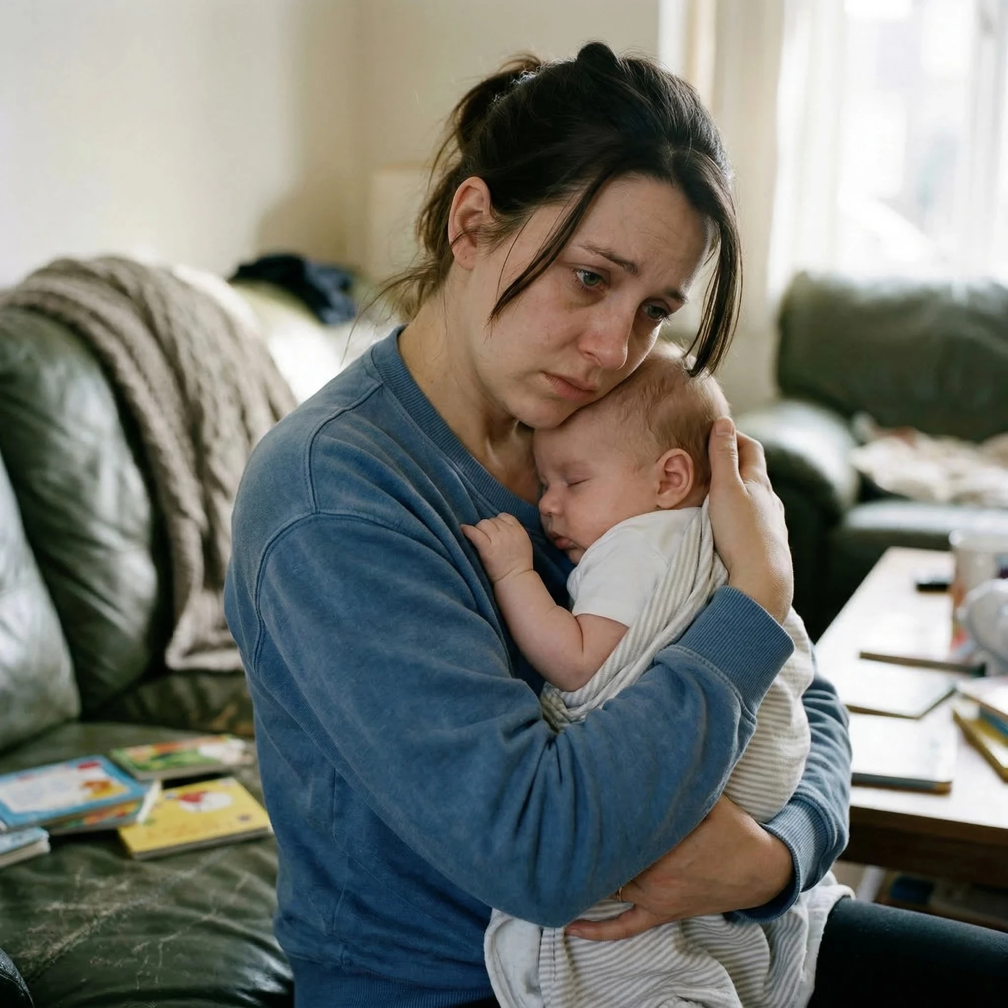 An upset mother holding her sleeping baby closely in a home setting.