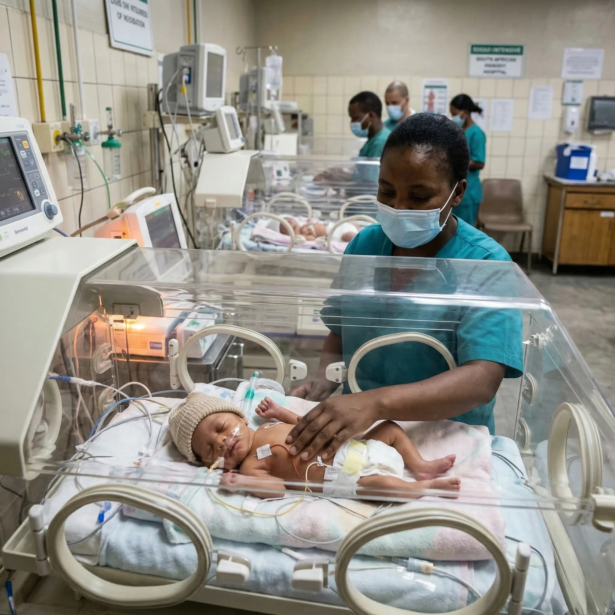Premature baby in an incubator at a South African government hospital NICU.
