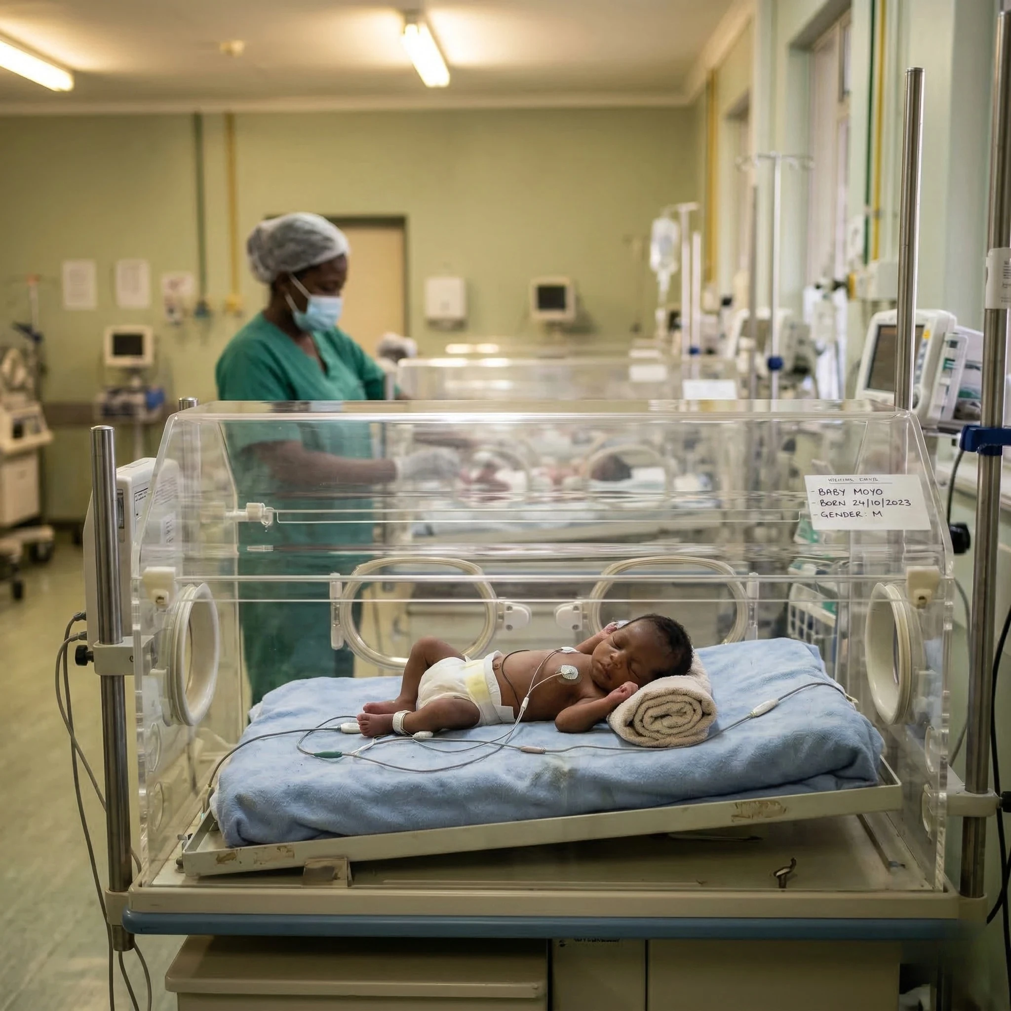 Neonatal nurse monitoring premature babies in a busy South African government hospital ward.
