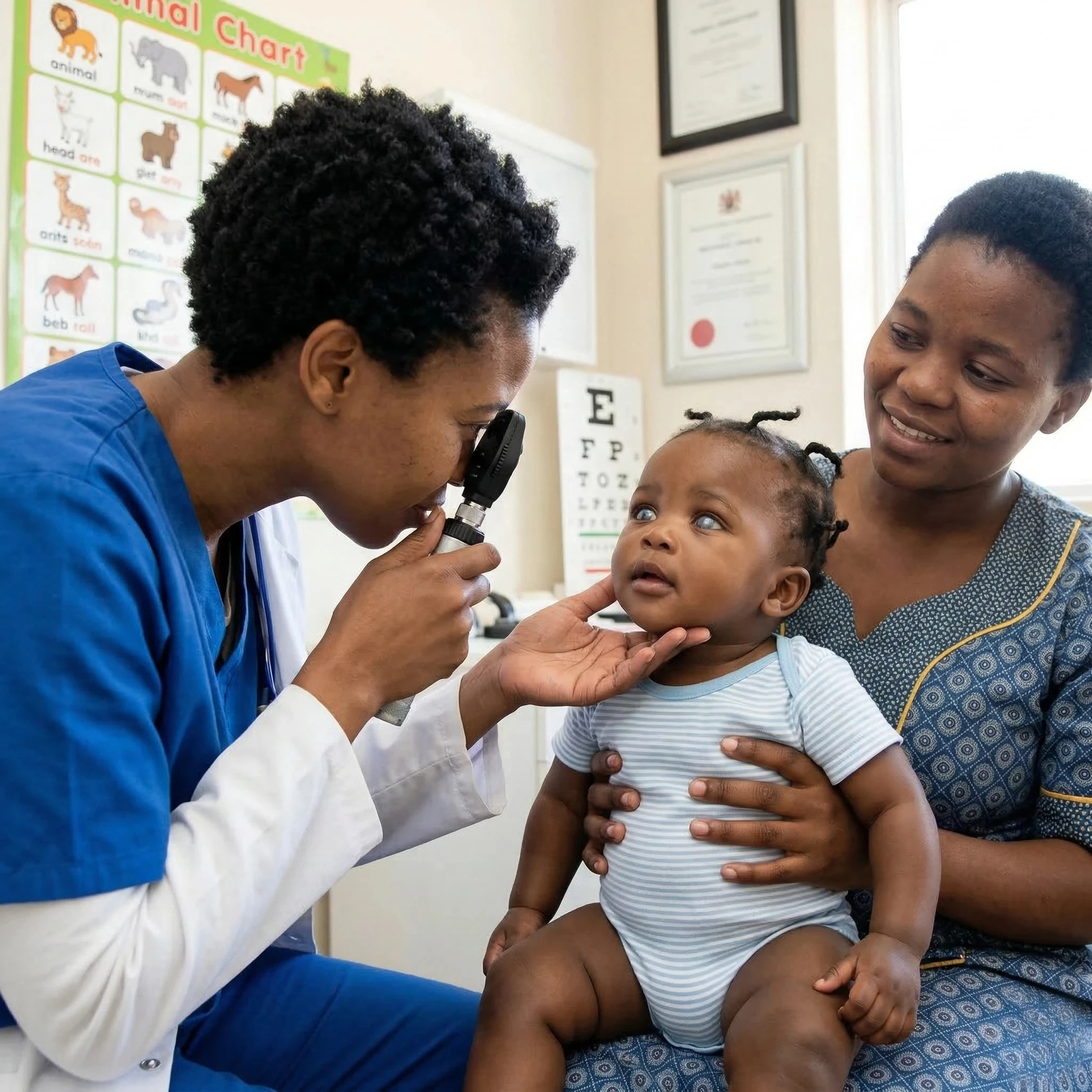 Specialist pediatric ophthalmologist performing an eye exam on a baby held by her mother.