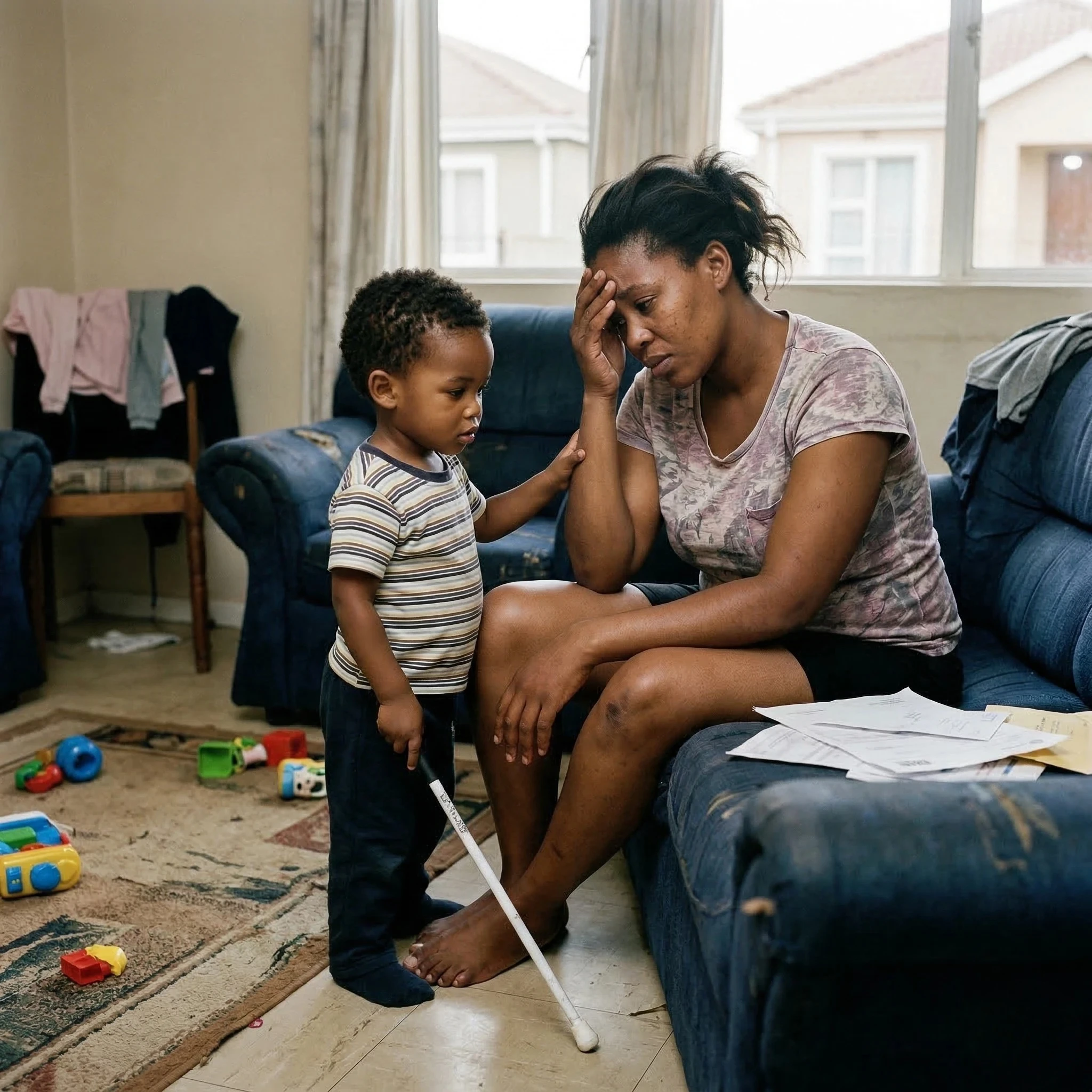 A distressed mother sitting with her blind young son who is holding a white mobility cane.